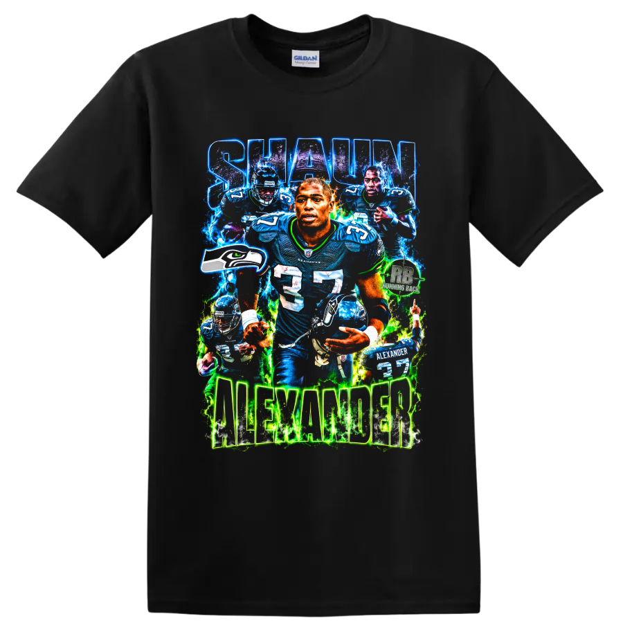 Shaun Alexander Seattle Seahawks number 37 football collage with glowing lettering on a Black T Shirt