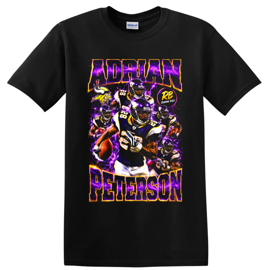 Adrian Peterson Vikings running back collage with purple lightning and football action on a Black T Shirt