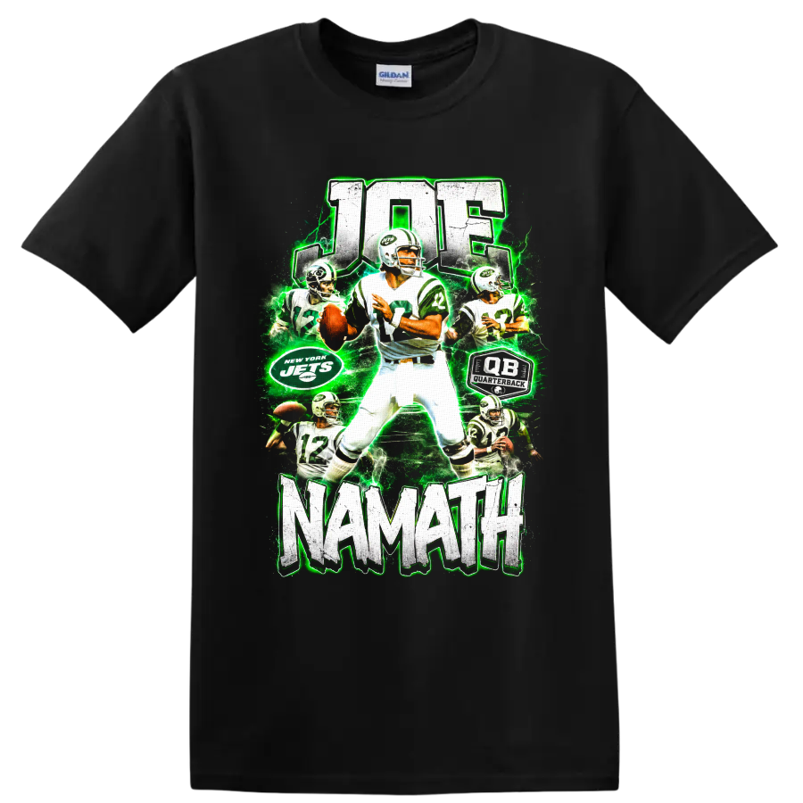 Joe Namath New York Jets quarterback collage with number 12, distressed text, and green on a Black T Shirt