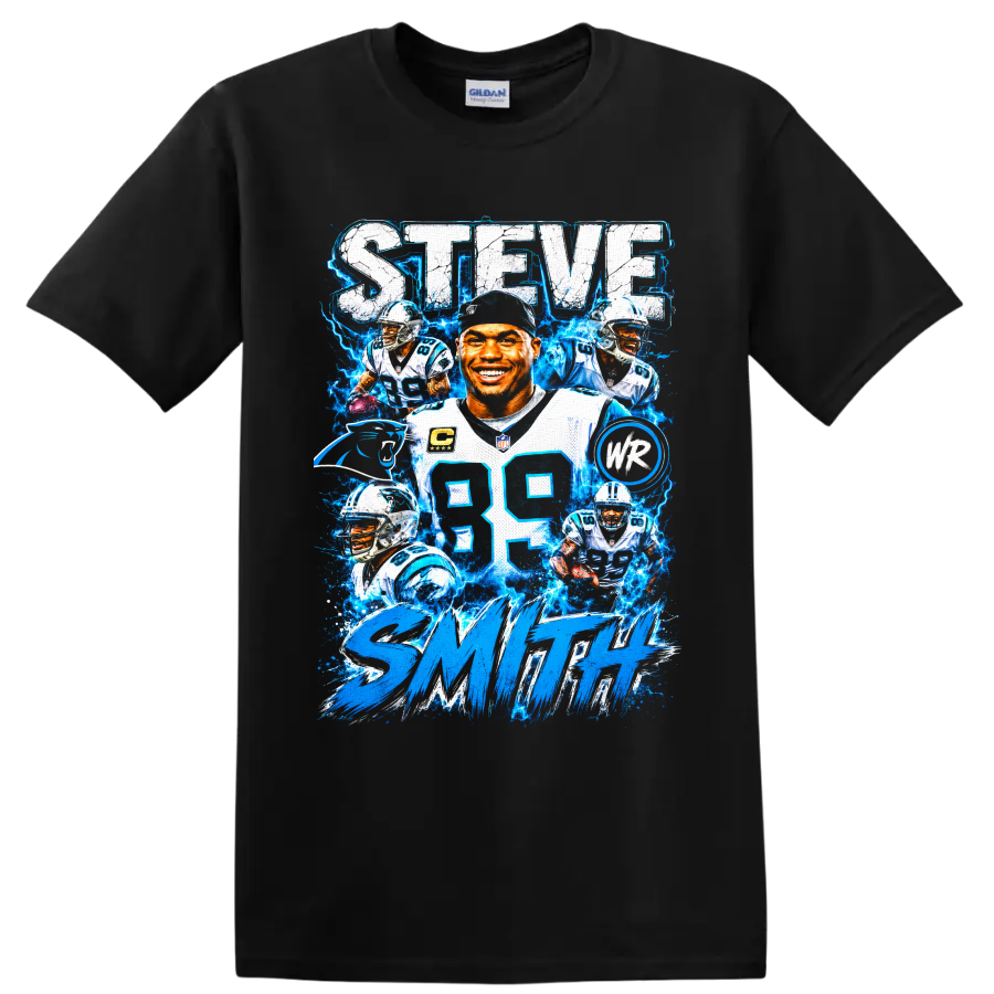 Steve Smith Sr. Carolina Panthers number 89 football collage with electric blue lightning on a Black T Shirt