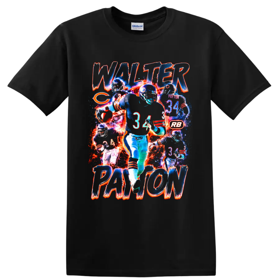 Walter Payton Chicago Bears number 34 action collage with distressed name lettering on a Black T Shirt