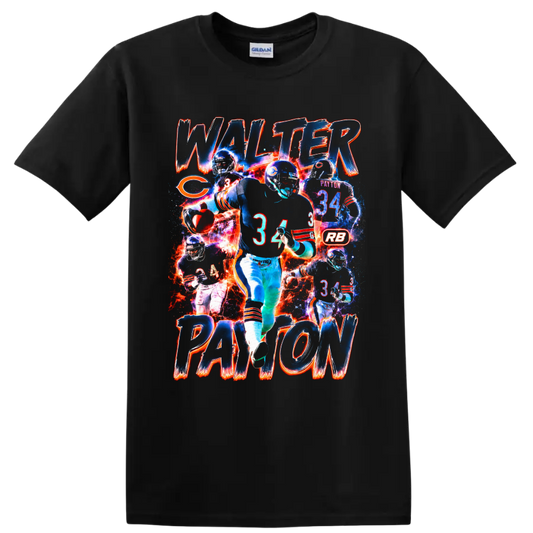 Walter Payton Chicago Bears number 34 action collage with distressed name lettering on a Black T Shirt