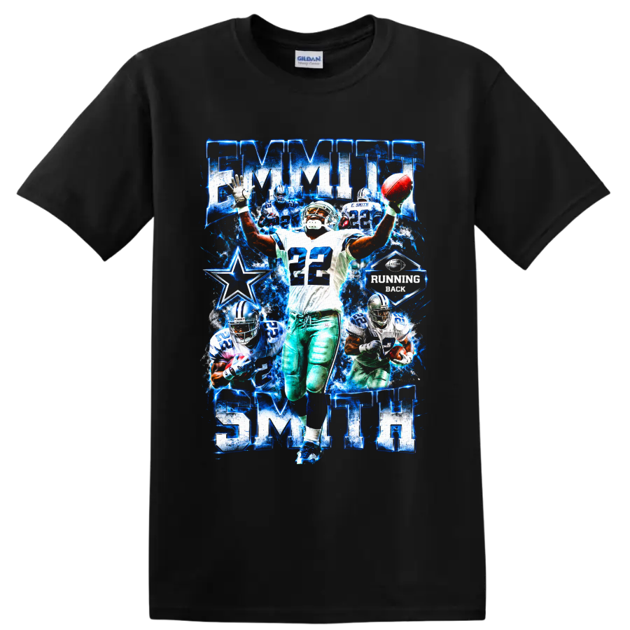 Emmitt Smith Dallas Cowboys number 22 running back blue star action collage on a Black T Shirt