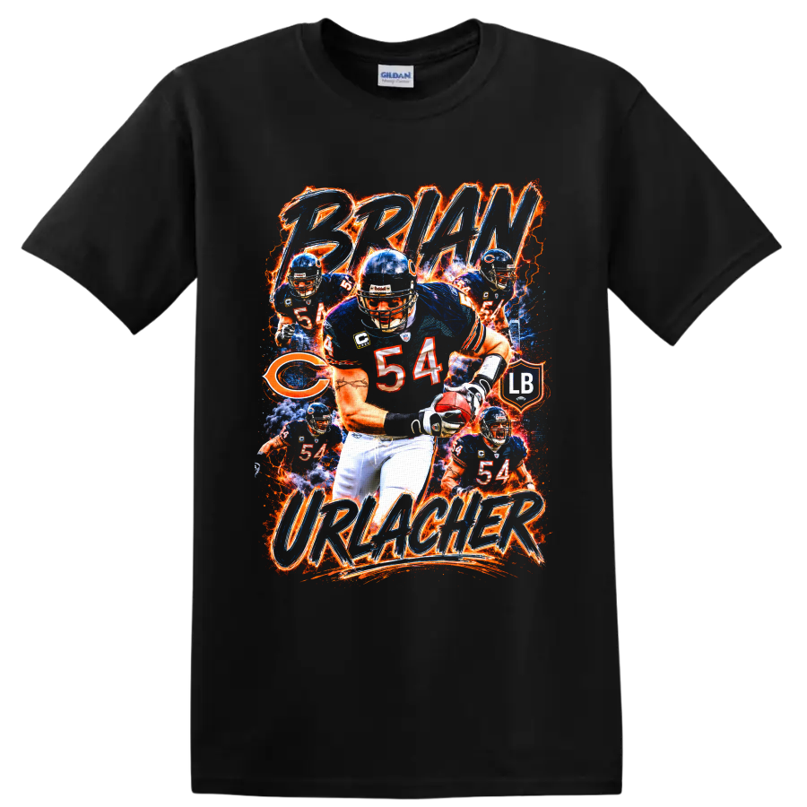 Brian Urlacher Chicago Bears 54 action collage with fiery BRIAN URLACHER lettering on a Black T Shirt