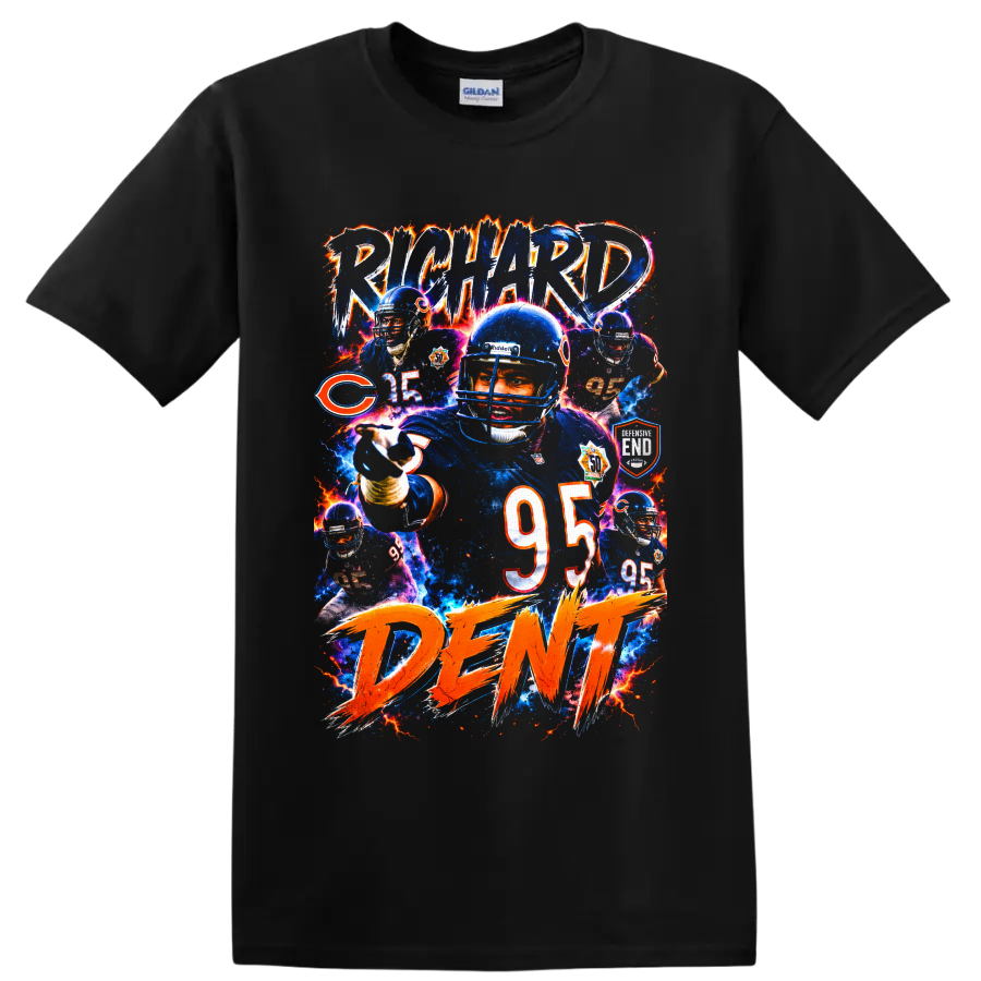 Richard Dent Chicago Bears number 95 football collage with electric retro lettering on a Black T Shirt