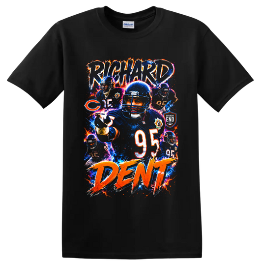 Richard Dent Chicago Bears number 95 football collage with electric retro lettering on a Black T Shirt