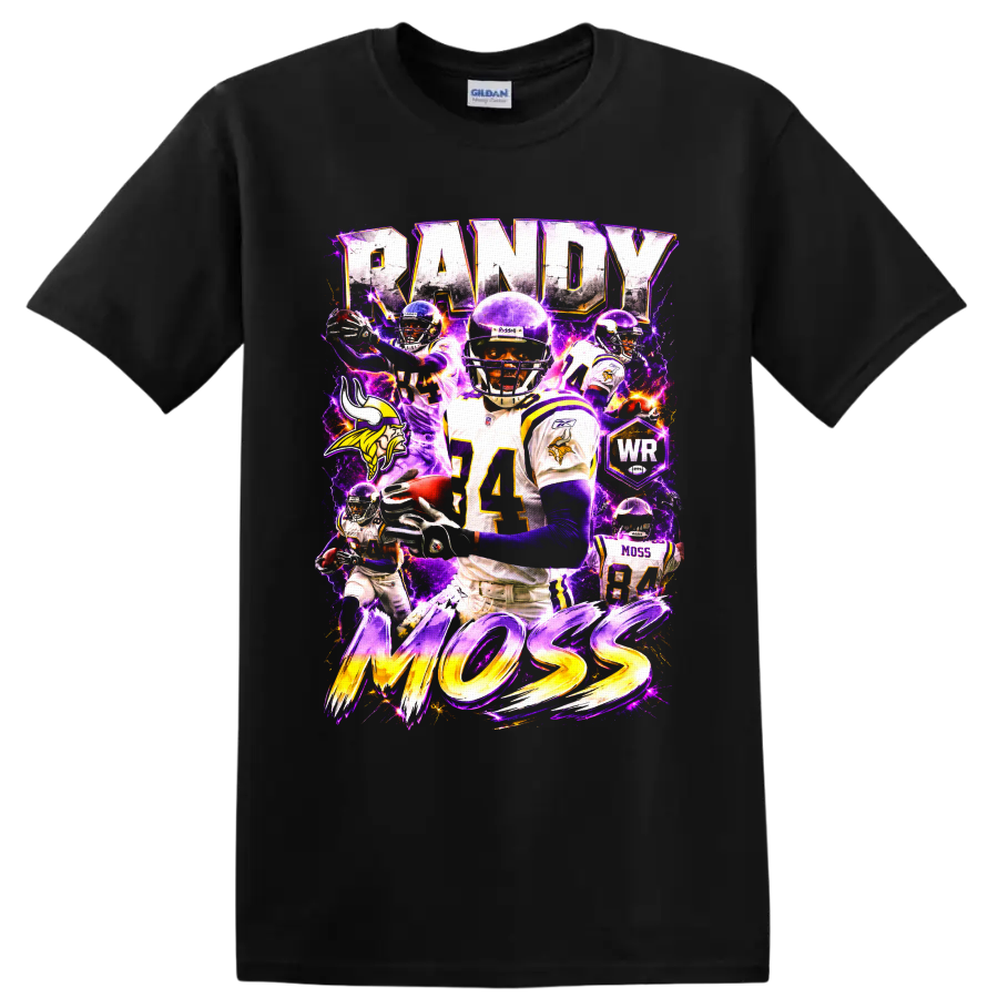 Randy Moss Minnesota Vikings number 84 collage with RANDY MOSS text and purple lightning on a Black T Shirt