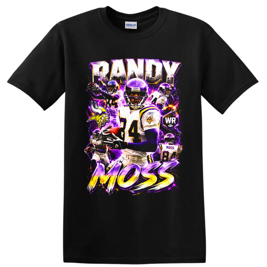 Randy Moss Minnesota Vikings number 84 collage with RANDY MOSS text and purple lightning on a Black T Shirt