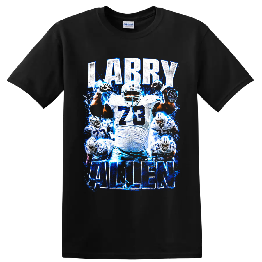 Larry Allen Dallas Cowboys number 73 football collage with blue lightning and bold on a Black T Shirt