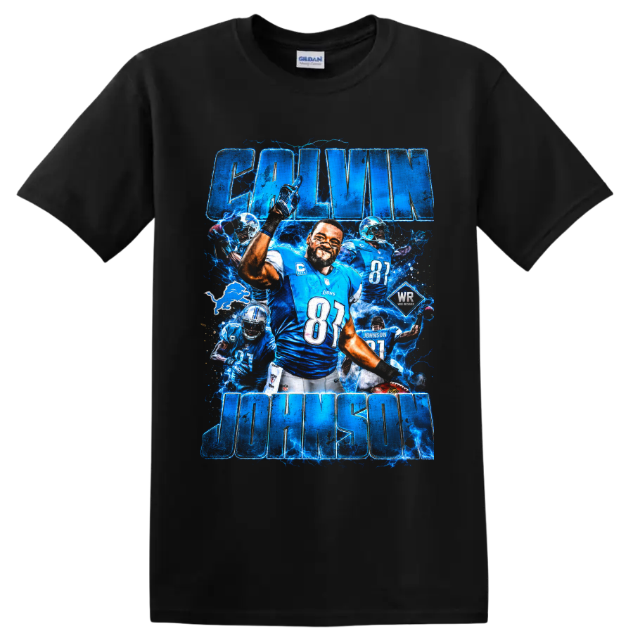 Calvin Johnson Detroit Lions number 81 football collage with electric blue lightning on a Black T Shirt