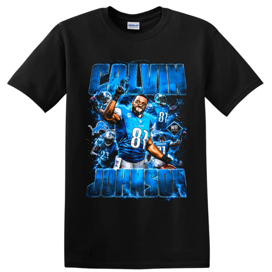 Calvin Johnson Detroit Lions number 81 football collage with electric blue lightning on a Black T Shirt