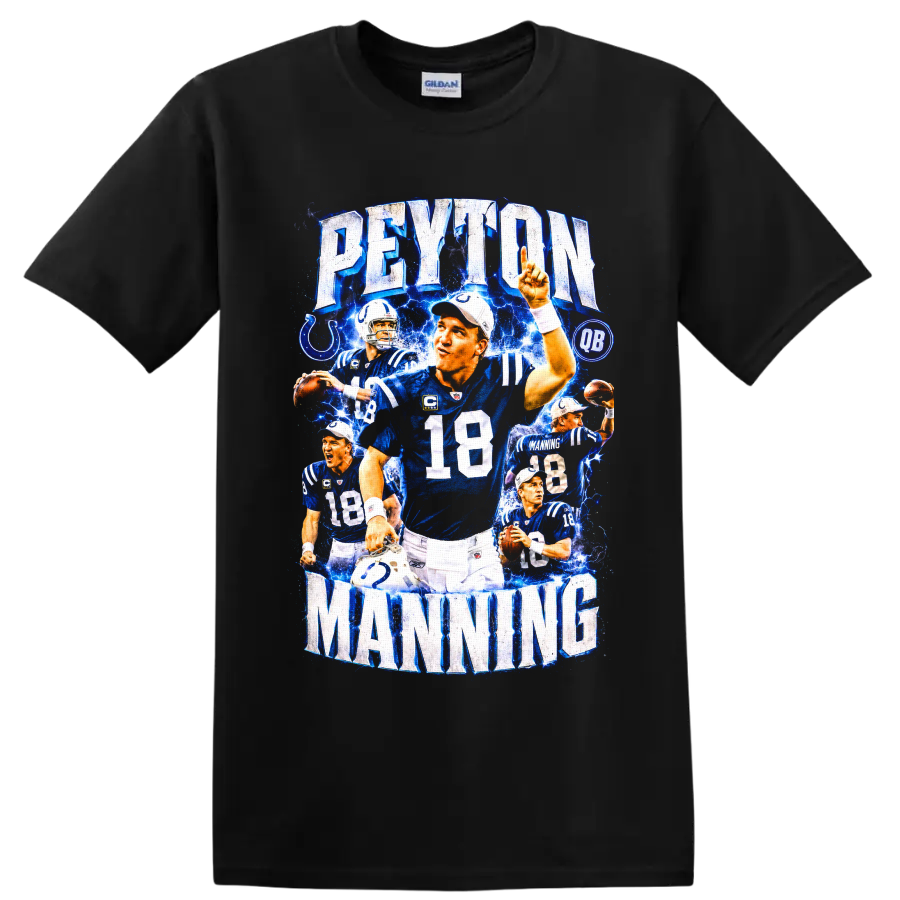 Peyton Manning Indianapolis Colts No. 18 electric football collage with PEYTON MANNING on a Black T Shirt