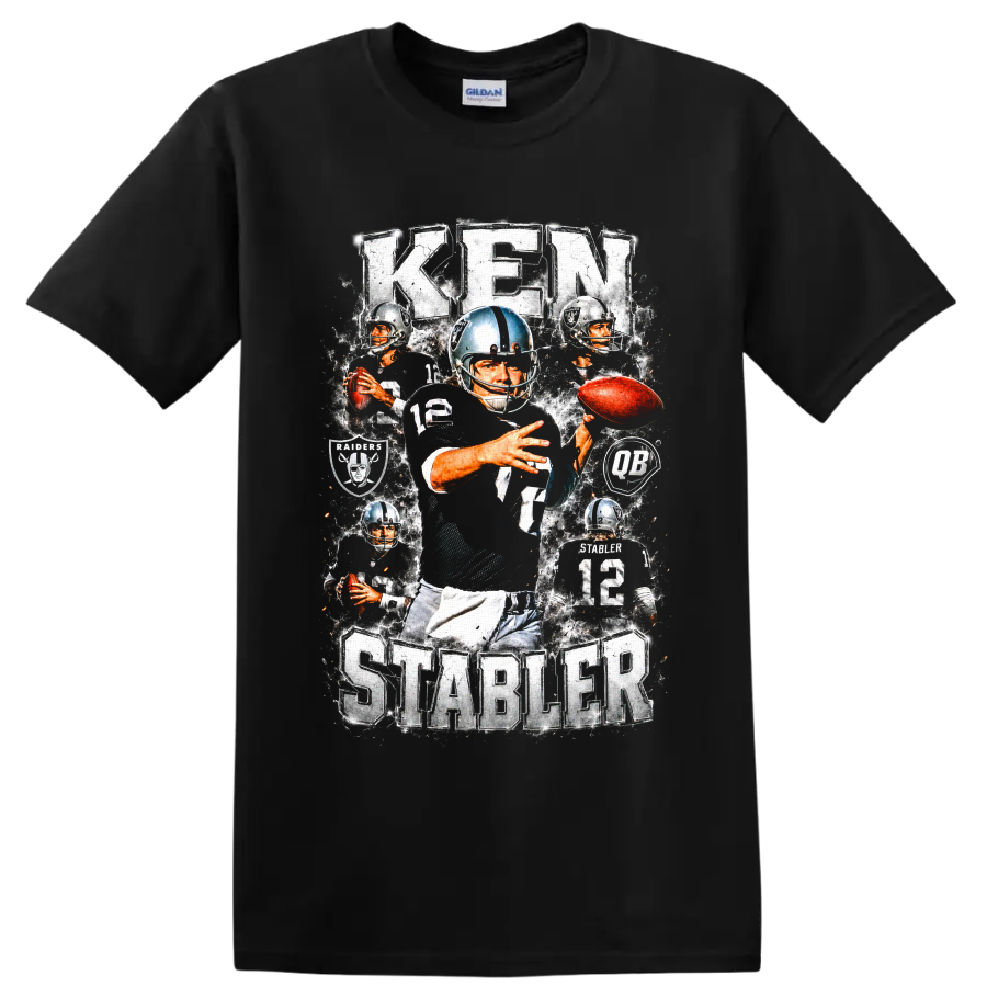 Ken Stabler Oakland Raiders number 12 vintage football collage with Raiders emblems on a Black T Shirt