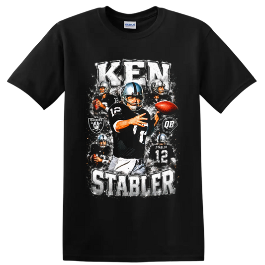 Ken Stabler Oakland Raiders number 12 vintage football collage with Raiders emblems on a Black T Shirt