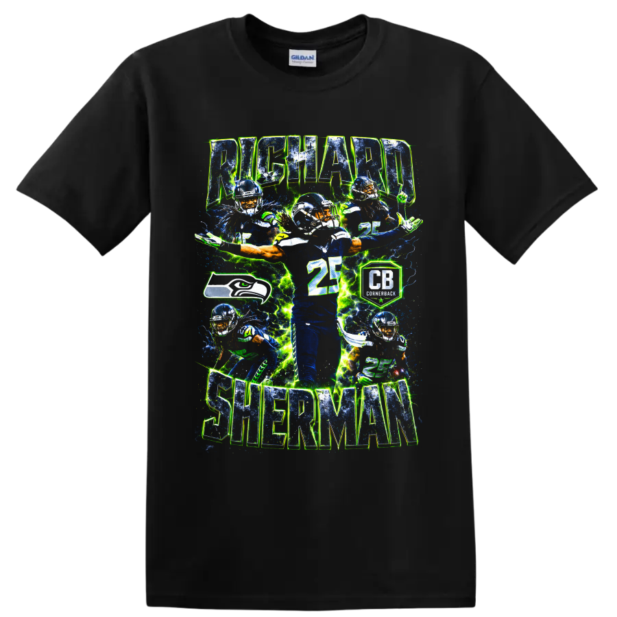 Richard Sherman Seahawks cornerback collage with number 25 and electric action effects on a Black T Shirt
