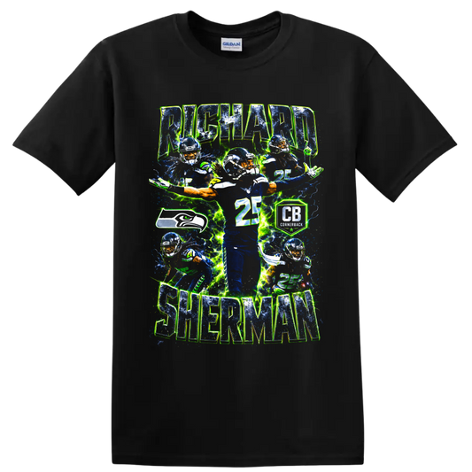 Richard Sherman Seahawks cornerback collage with number 25 and electric action effects on a Black T Shirt