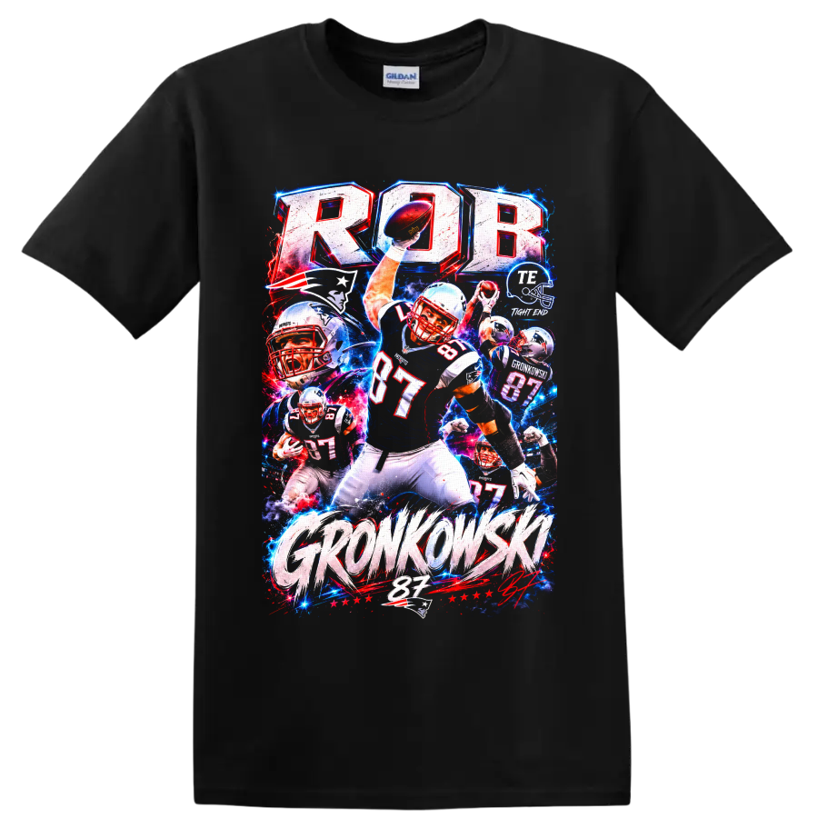Rob Gronkowski Patriots number 87 football action collage with bold GRONKOWSKI text on a Black T Shirt