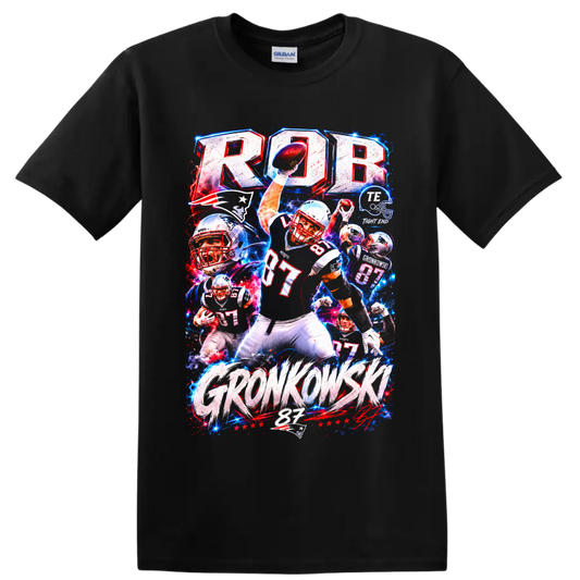 Rob Gronkowski Patriots number 87 football action collage with bold GRONKOWSKI text on a Black T Shirt