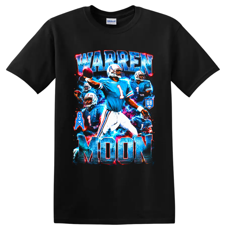 Warren Moon Houston Oilers quarterback collage with bold WARREN MOON lettering on a Black T Shirt