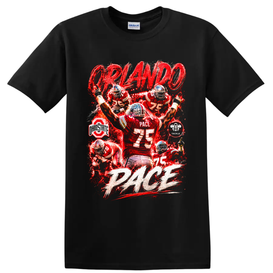 Orlando Pace Ohio State Buckeyes No. 75 red football action collage with PACE lettering on a Black T Shirt