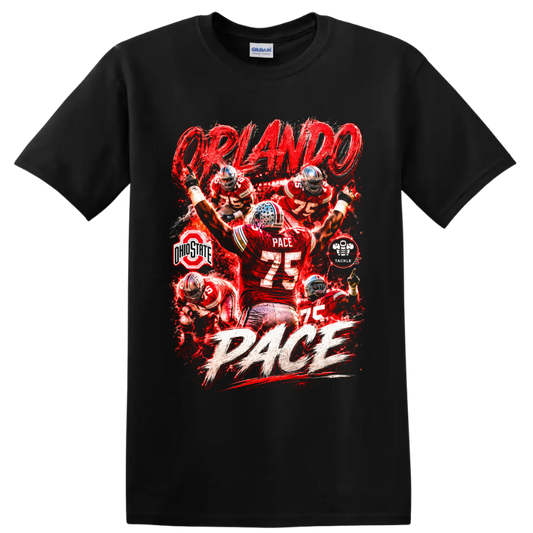 Orlando Pace Ohio State Buckeyes No. 75 red football action collage with PACE lettering on a Black T Shirt