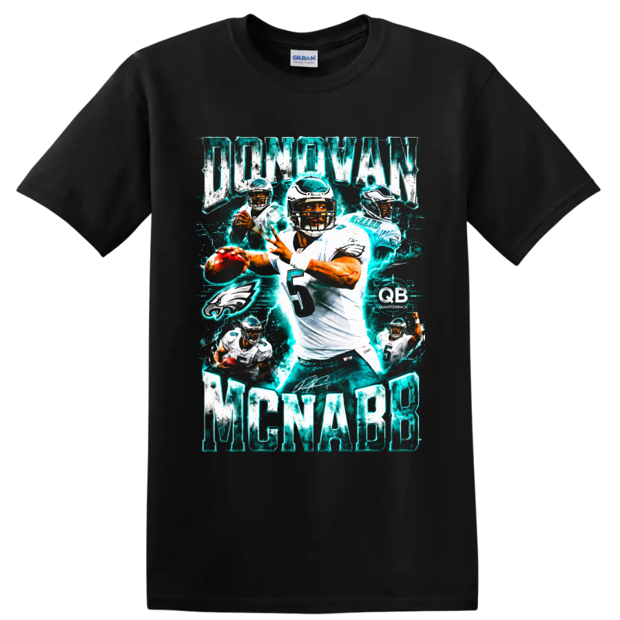 Donovan McNabb Philadelphia Eagles quarterback collage with electric teal action graphics on a Black T Shirt