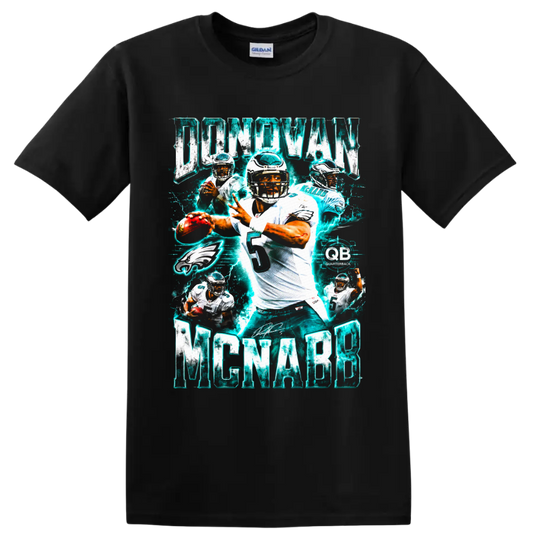 Donovan McNabb Philadelphia Eagles quarterback collage with electric teal action graphics on a Black T Shirt