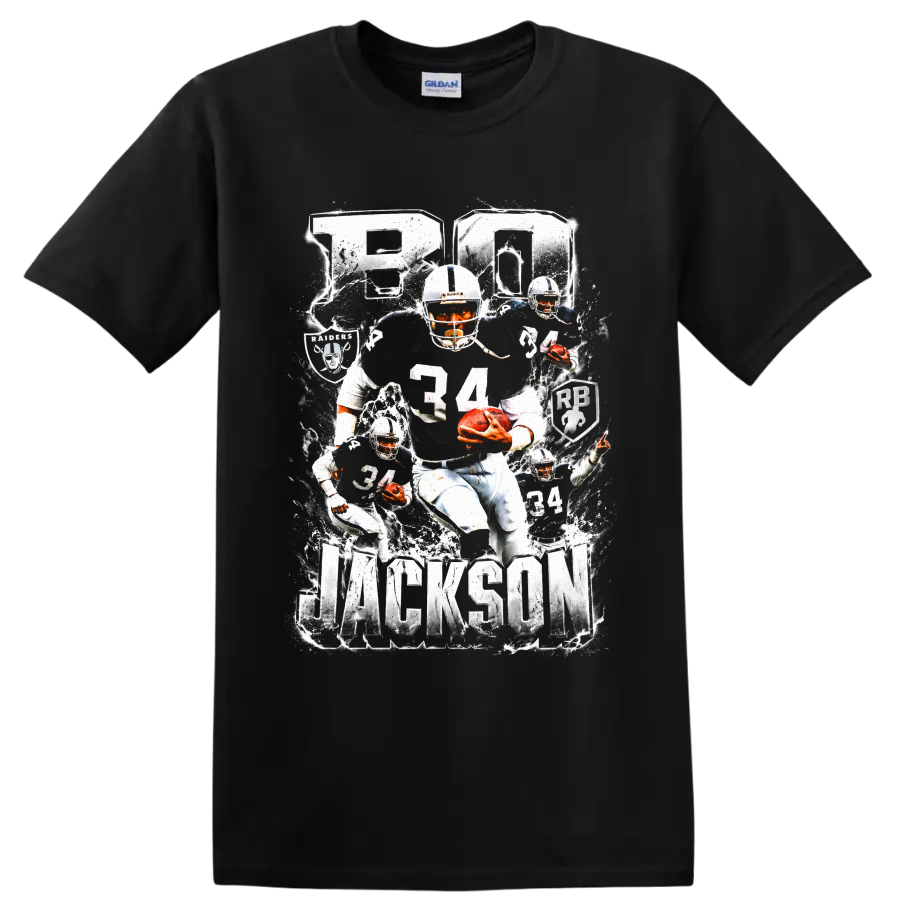 Bo Jackson Oakland Raiders number 34 football collage with BO and JACKSON text on a Black T Shirt