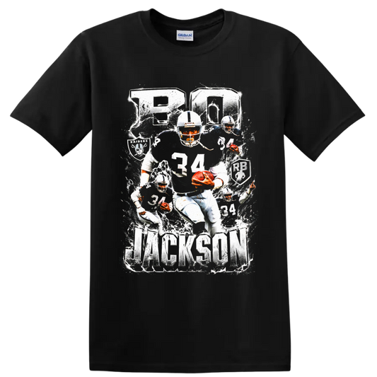 Bo Jackson Oakland Raiders number 34 football collage with BO and JACKSON text on a Black T Shirt