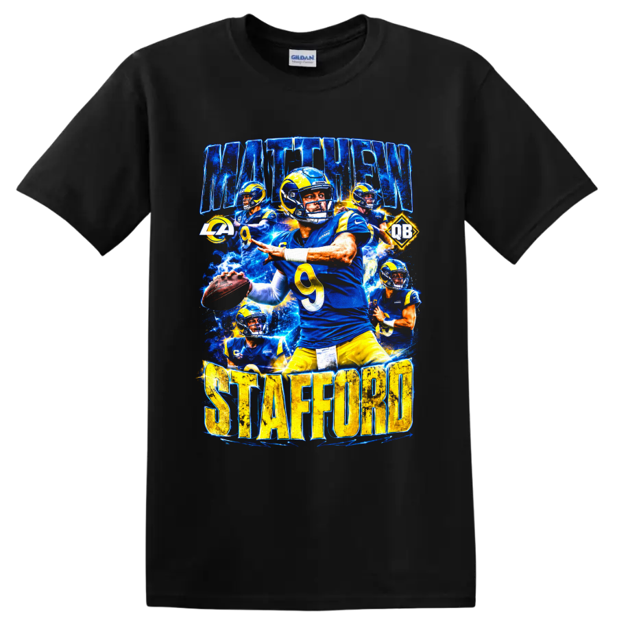 Matthew Stafford Rams quarterback action collage with MATTHEW STAFFORD lettering on a Black T Shirt