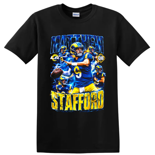 Matthew Stafford Rams quarterback action collage with MATTHEW STAFFORD lettering on a Black T Shirt