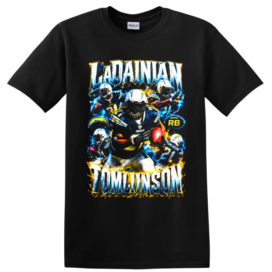 LaDainian Tomlinson San Diego Chargers number 21 electric football collage on a Black T Shirt