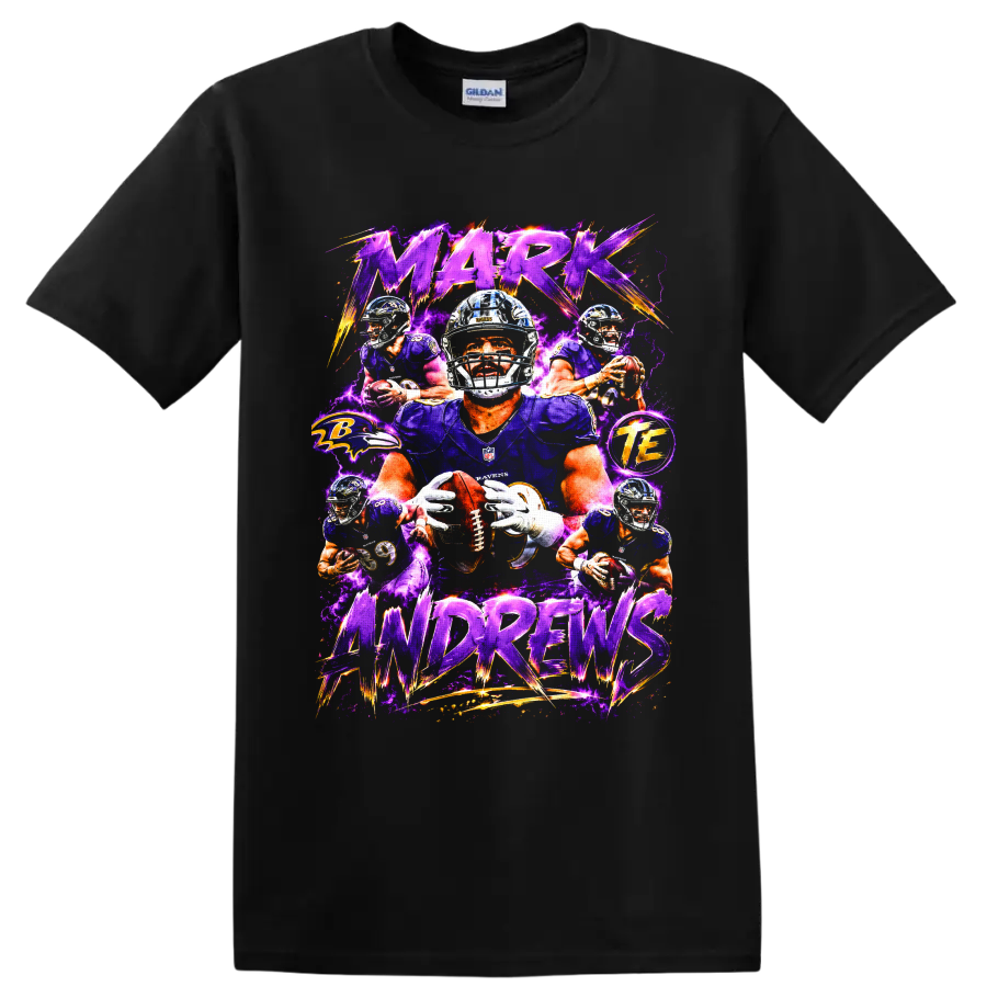Mark Andrews Baltimore Ravens football action collage with purple lightning and bold on a Black T Shirt
