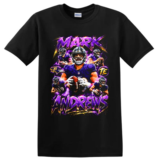 Mark Andrews Baltimore Ravens football action collage with purple lightning and bold on a Black T Shirt