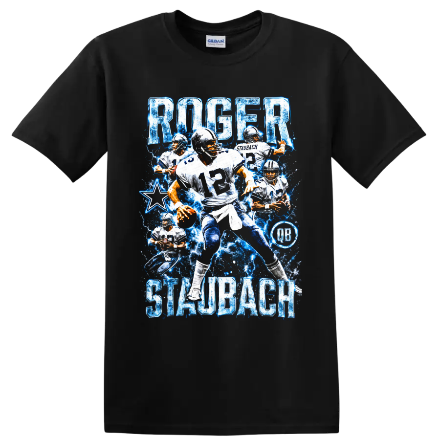 Roger Staubach Dallas Cowboys quarterback collage with blue lightning and number 12 on a Black T Shirt