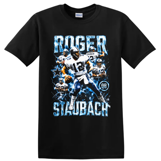 Roger Staubach Dallas Cowboys quarterback collage with blue lightning and number 12 on a Black T Shirt