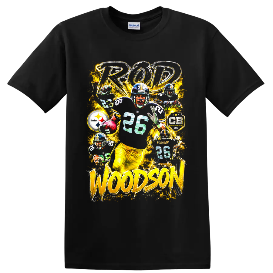 Rod Woodson No. 26 Steelers cornerback collage with gold lightning and bold lettering on a Black T Shirt