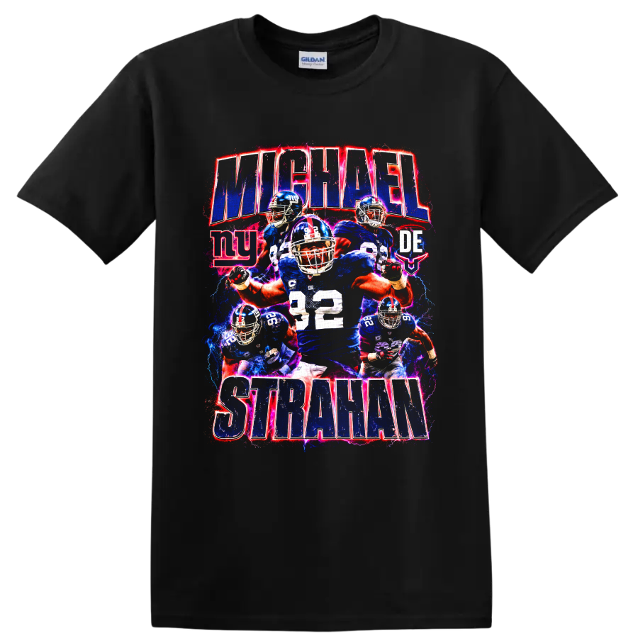 Michael Strahan number 92 New York Giants football collage with electric action effects on a Black T Shirt