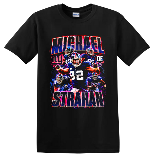 Michael Strahan number 92 New York Giants football collage with electric action effects on a Black T Shirt