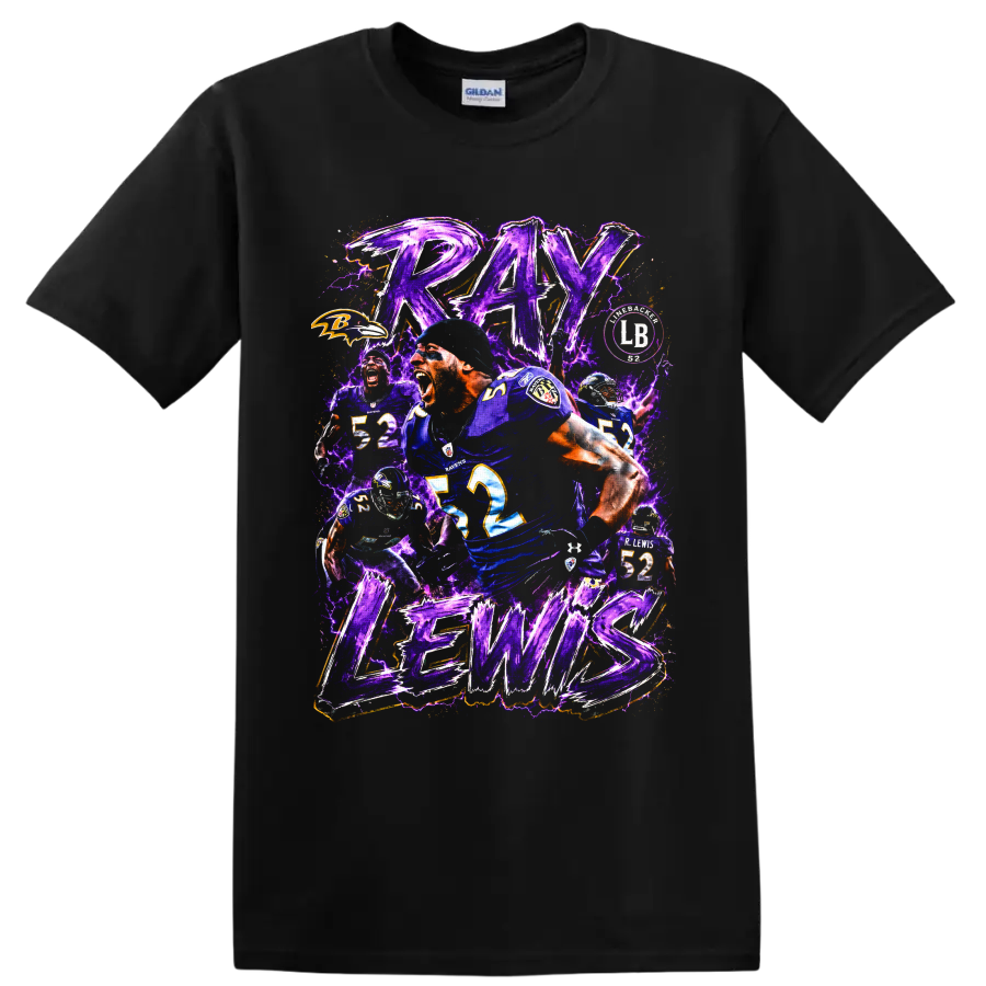 Ray Lewis Baltimore Ravens number 52 football collage with purple lightning on a Black T Shirt