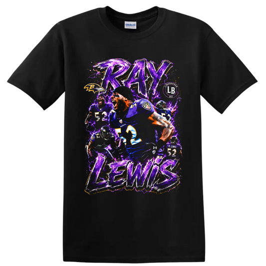 Ray Lewis Baltimore Ravens number 52 football collage with purple lightning on a Black T Shirt