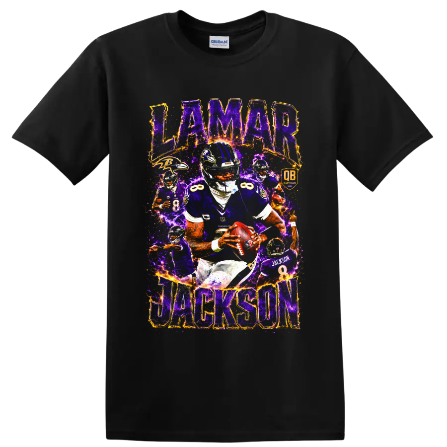 Lamar Jackson Ravens quarterback number 8 action collage with purple lightning on a Black T Shirt