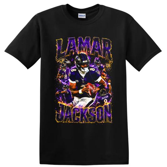 Lamar Jackson Ravens quarterback number 8 action collage with purple lightning on a Black T Shirt