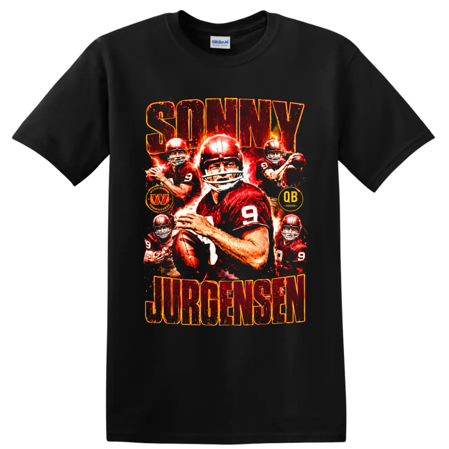 Sonny Jurgensen No. 9 quarterback collage with fiery distressed football graphics on a Black T Shirt