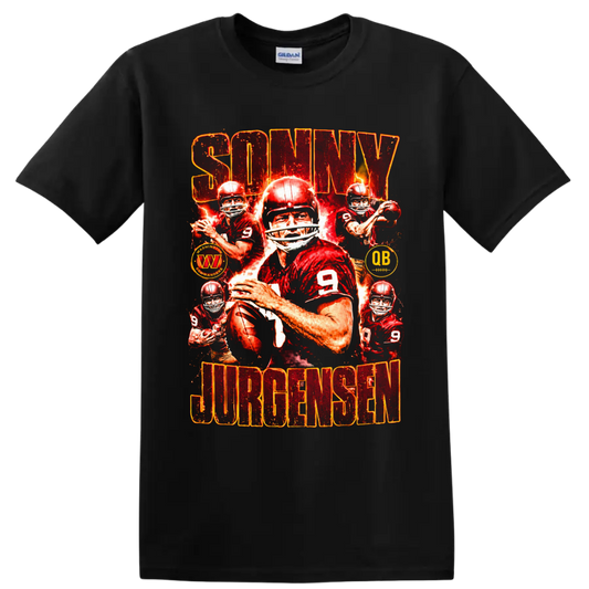 Sonny Jurgensen No. 9 quarterback collage with fiery distressed football graphics on a Black T Shirt