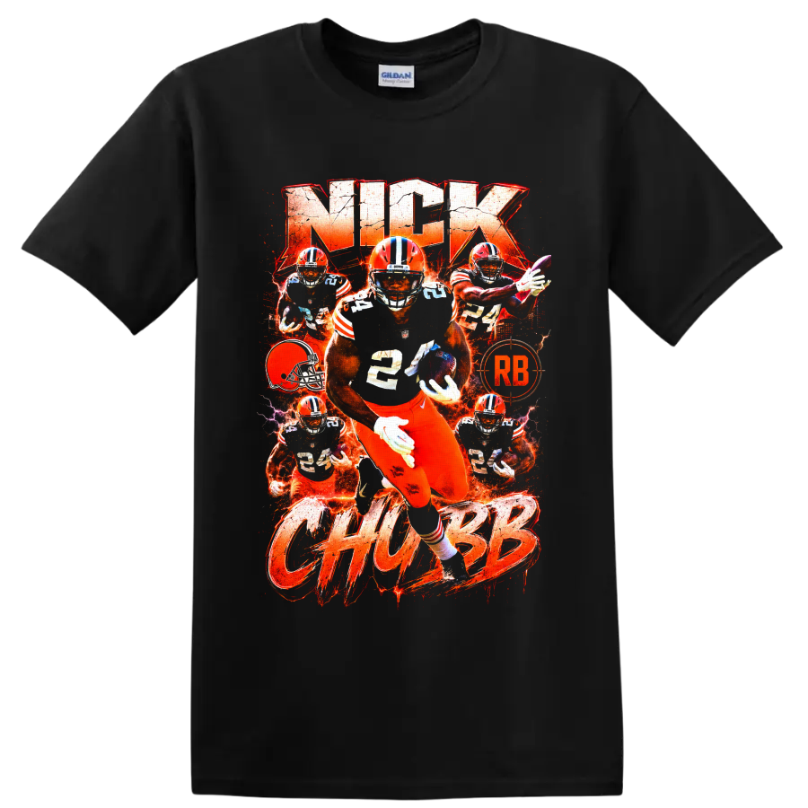 Nick Chubb Cleveland Browns running back action collage with fiery orange typography on a Black T Shirt