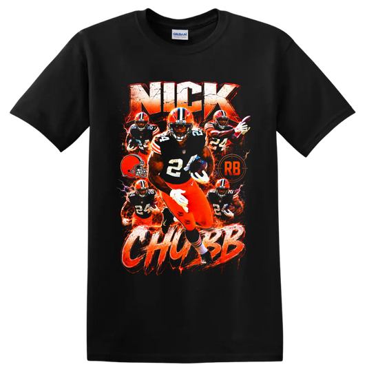 Nick Chubb Cleveland Browns running back action collage with fiery orange typography on a Black T Shirt
