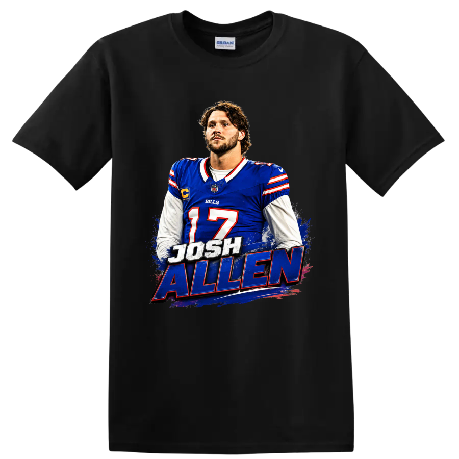 Josh Allen Buffalo Bills quarterback graphic with number 17 and distressed name lettering on a Black T Shirt