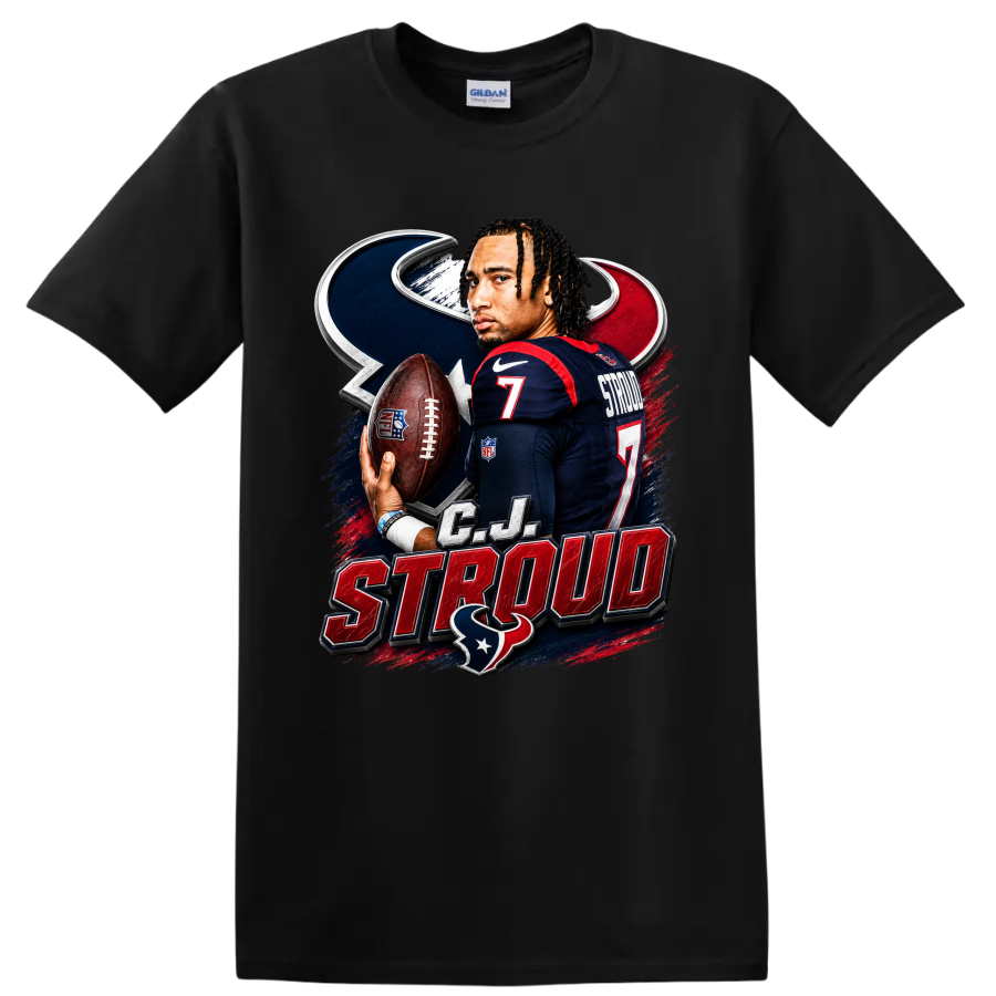 C.J. Stroud Houston Texans quarterback graphic with football, number 7, and team mark on a Black T Shirt