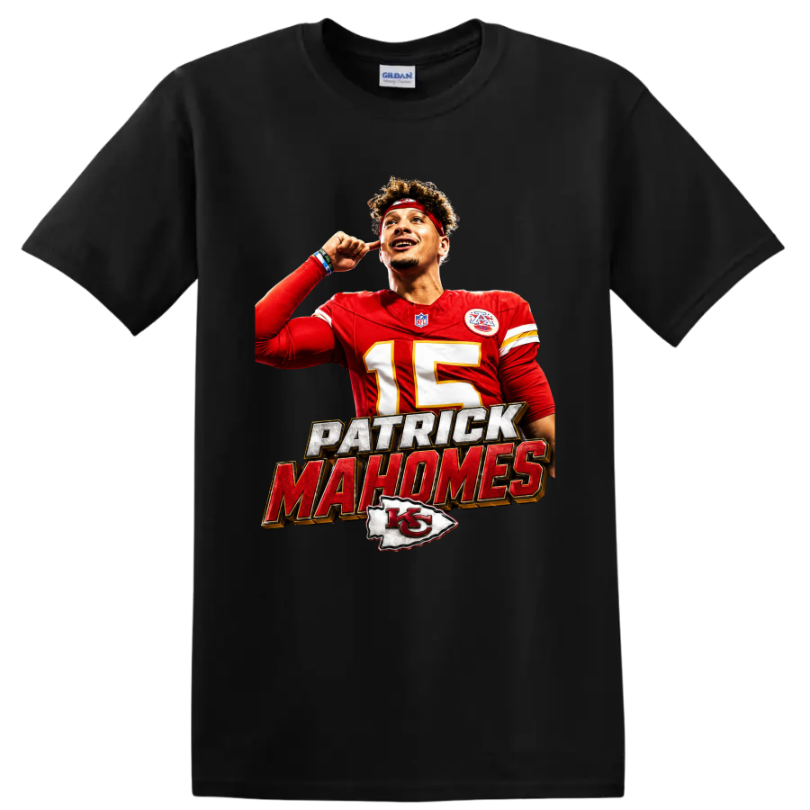 Patrick Mahomes Chiefs number 15 football graphic with bold name lettering and arrowhead on a Black T Shirt